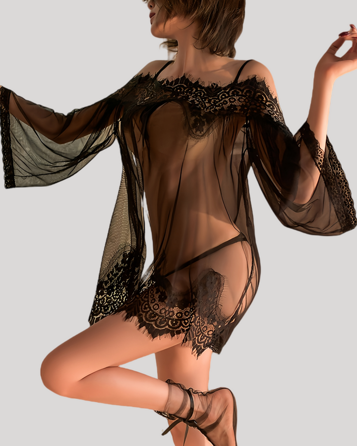 Black lace see-through lingerie nightdress with off-shoulder design