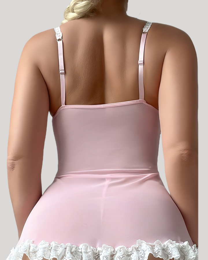 Back view showing pink mesh back panel and white lace hem