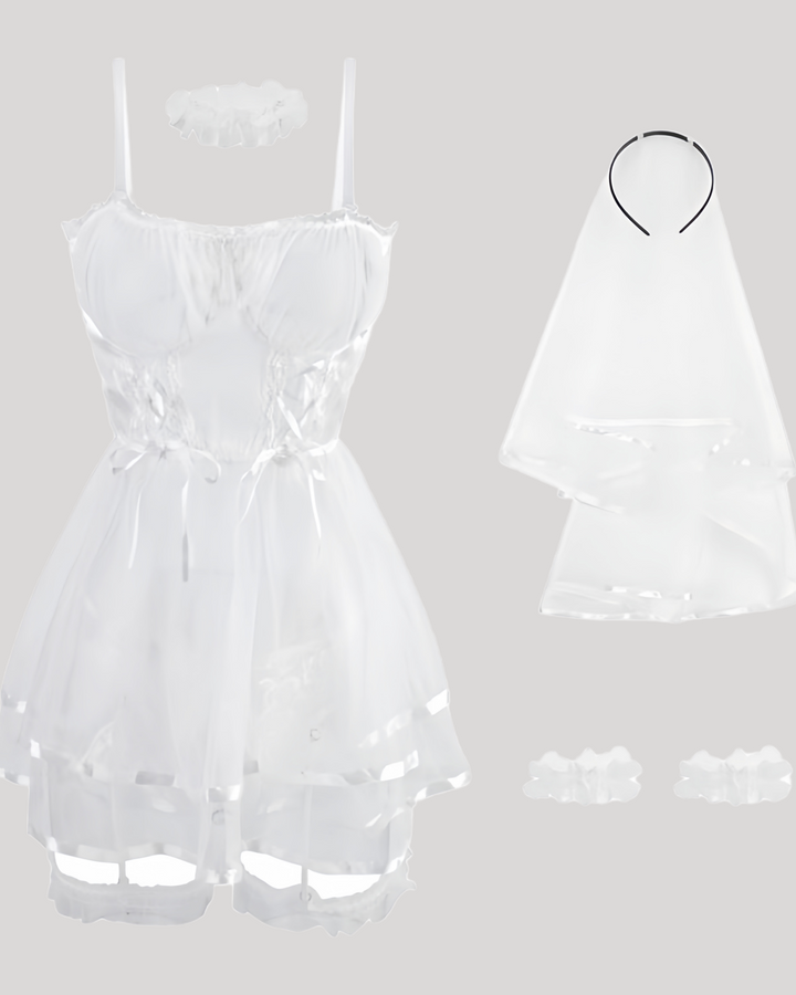 Complete bridal lingerie set including babydoll, veil, choker, and garters