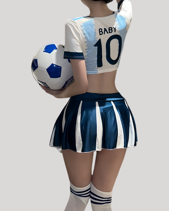 Back view of Sky-Blue Victory Set showing “BABY 10” number on crop top.
