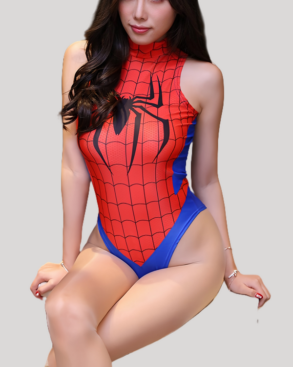 Unleash your inner hero in this Spider-Web Heroine High-Cut Bodysuit: stretch polyester-spandex, bold red-blue panels, and a striking spider emblem for fearless style.