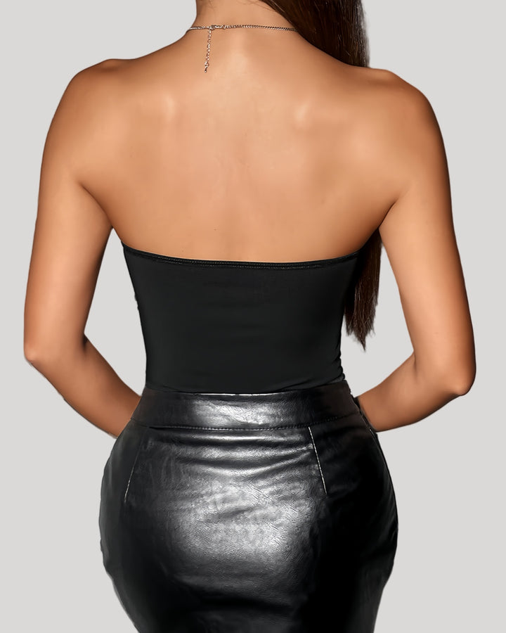 Back view of black strapless bodysuit with smooth plain finish