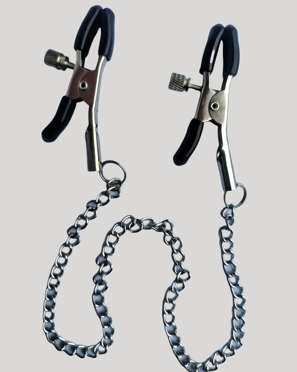 Pair of metal nipple clamps with silicone tips and a connecting chain