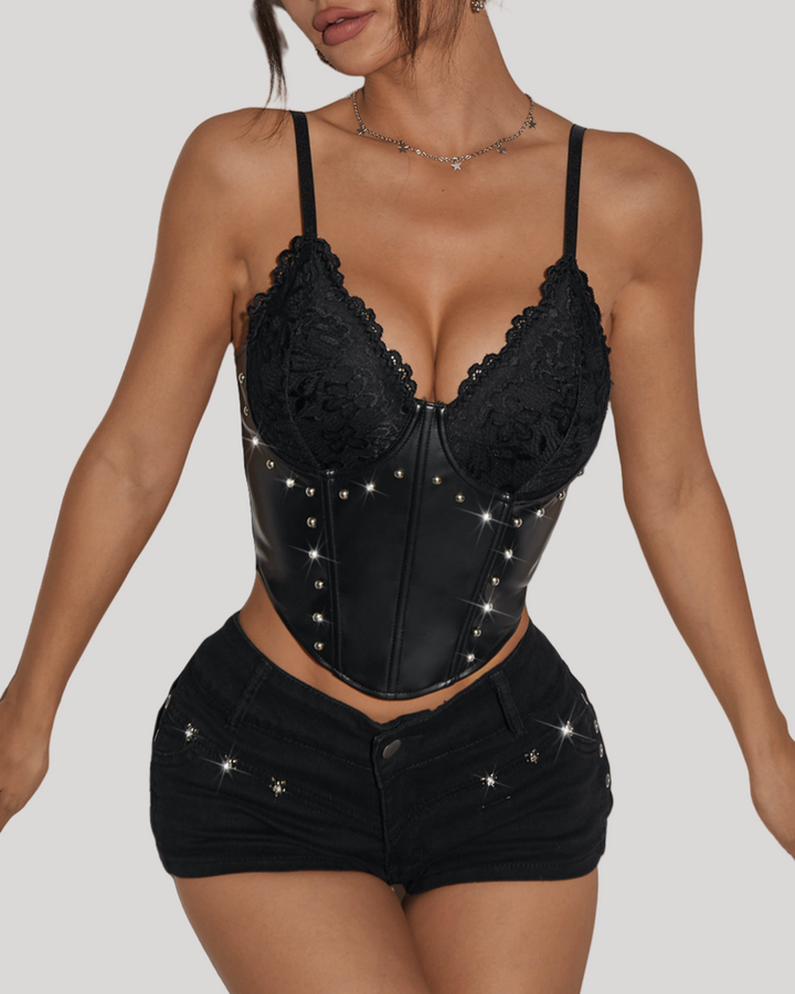 Front view of black corset with lace-trimmed cups and edgy studs