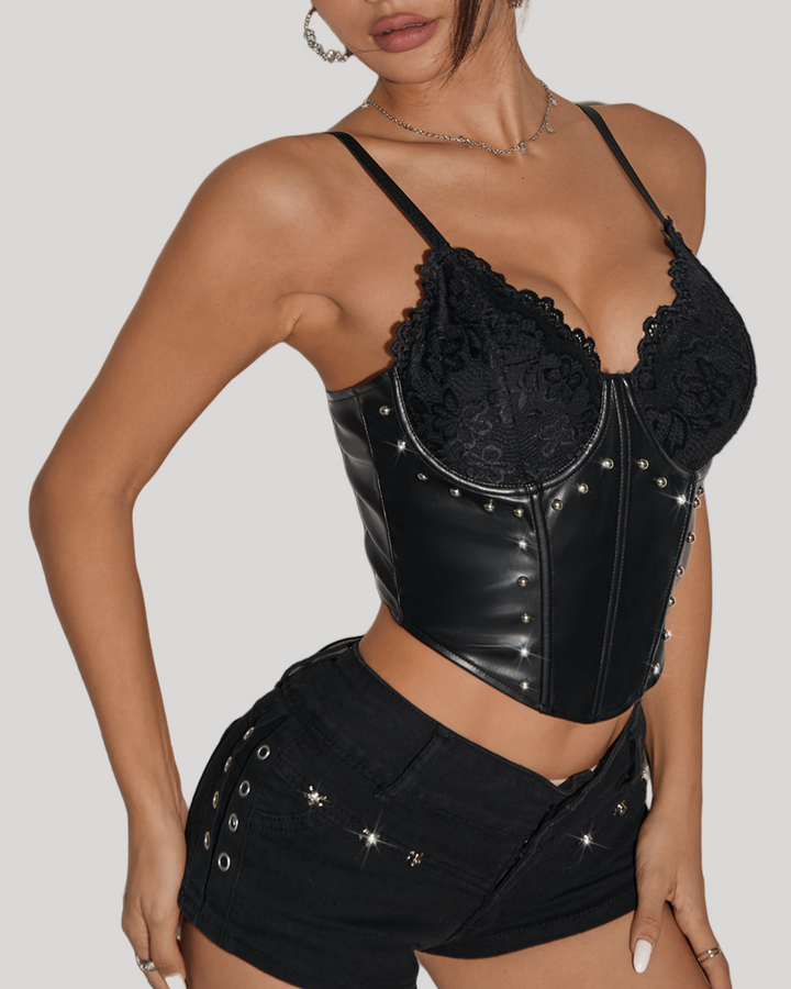 Side pose in black corset styled with black shorts