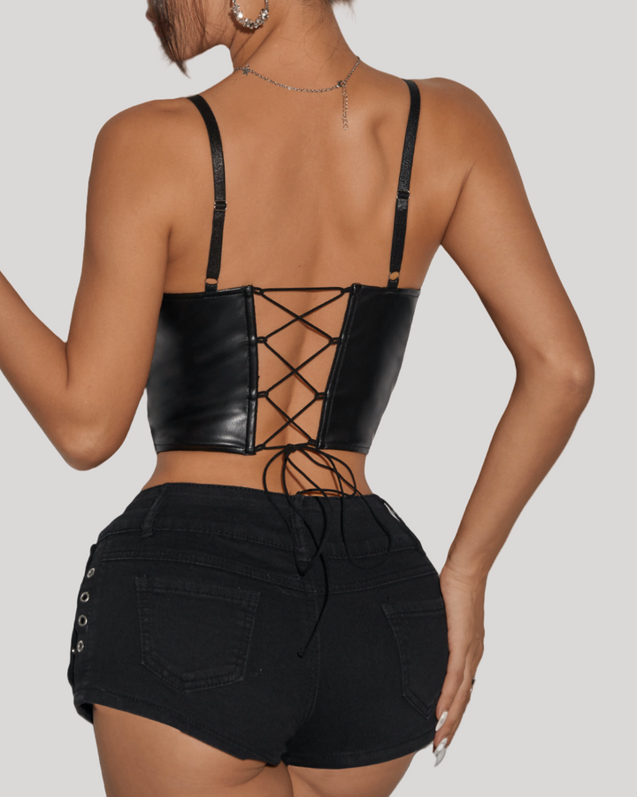 Back view of corset showing adjustable lace-up closure and straps