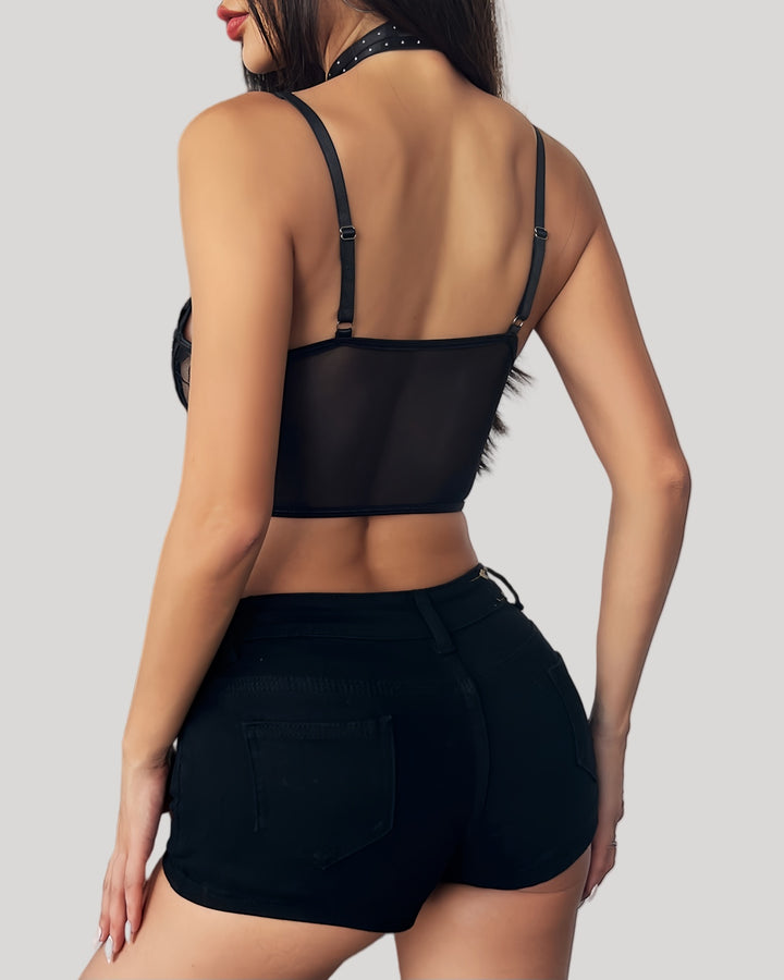 Back view of black lace halter bralette top with studded straps