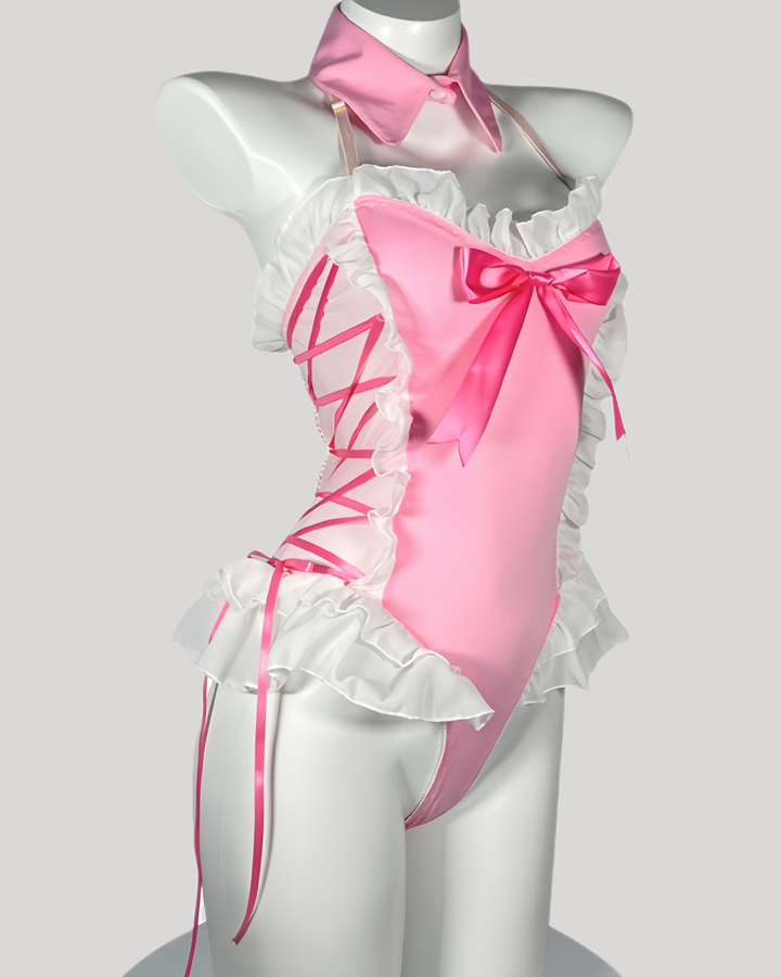 bunny teddy with white ruffles and bow