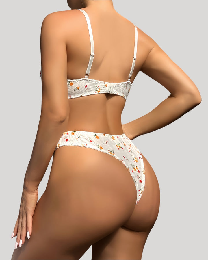 Back view of floral lingerie set with adjustable straps and mid-rise cut
