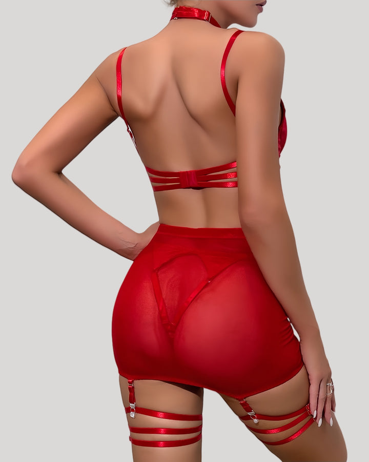 Red satin lingerie set with matching choker and garter details