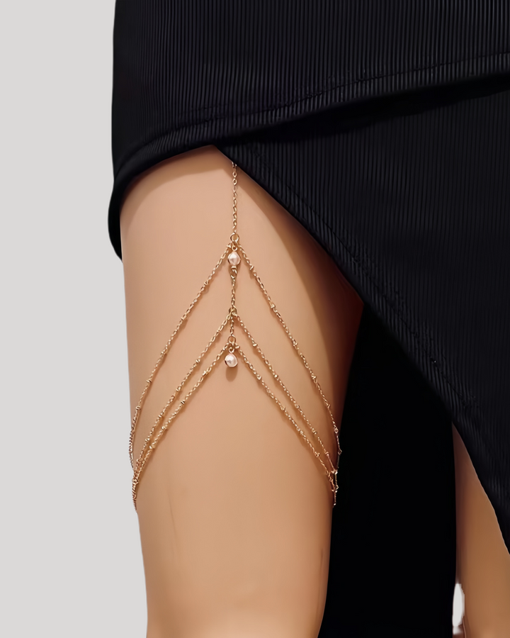 Gold triangle leg drape accessory with pearl accents