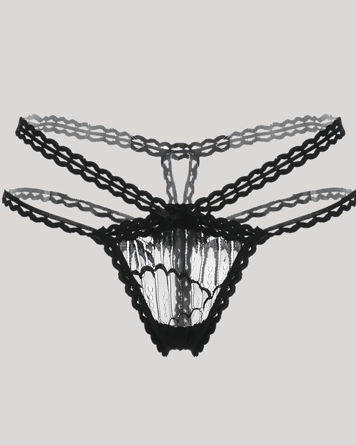 Flat lay of black lace crisscross thong