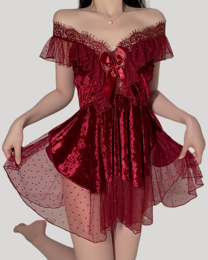 Model wearing red lace ruffle babydoll with sheer mesh skirt