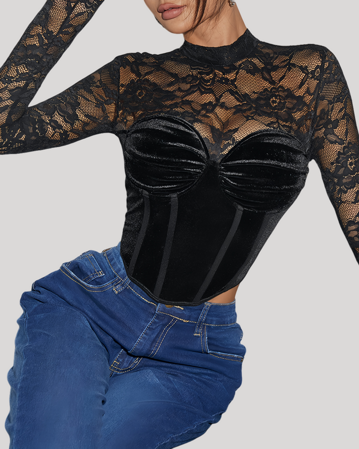 Front pose showing structured bust detail and sheer lace neckline