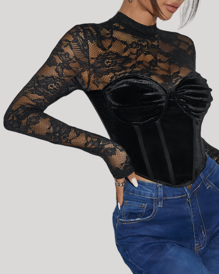 Side view of floral lace sleeve and velvet bustier corset design