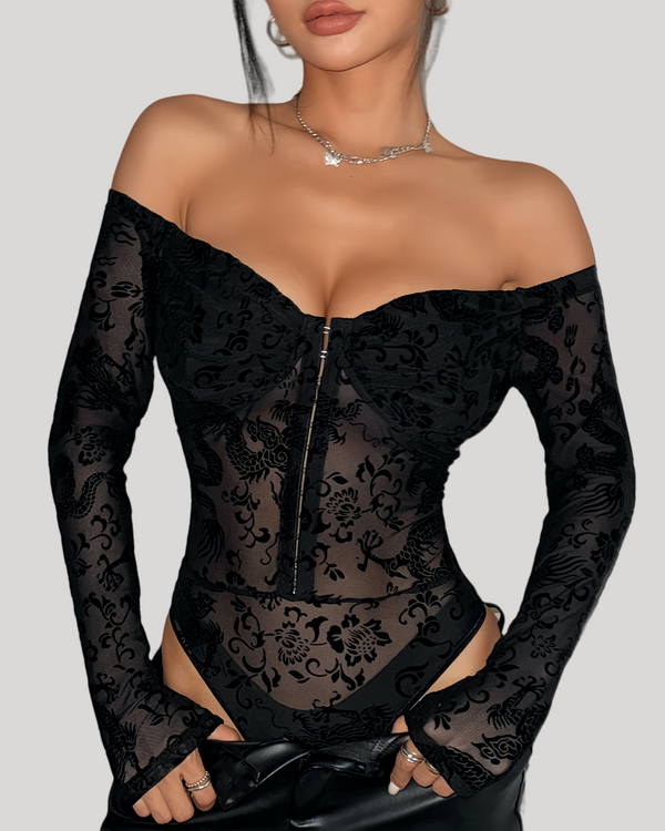 Off-shoulder velvet mesh bodysuit with front hook closure and sheer long sleeves