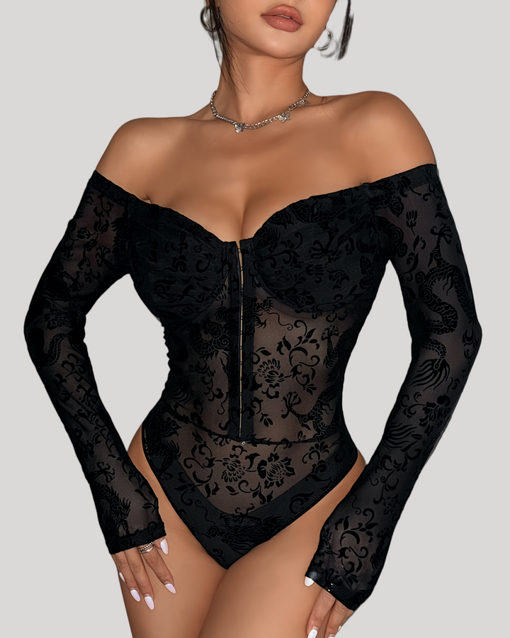 Off-shoulder velvet mesh bodysuit with front hook closure and sheer long sleeves

