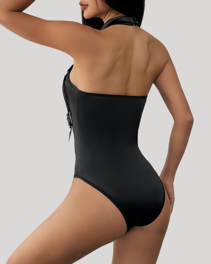 Back view showing low-back design of the bodysuit