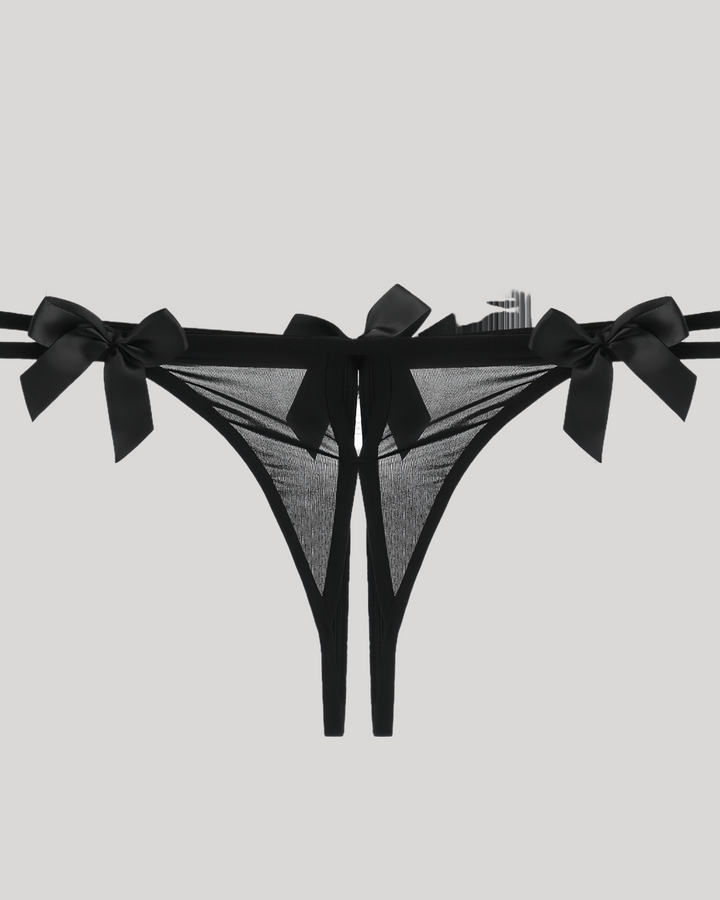 Front view of black open-front thong with satin bows