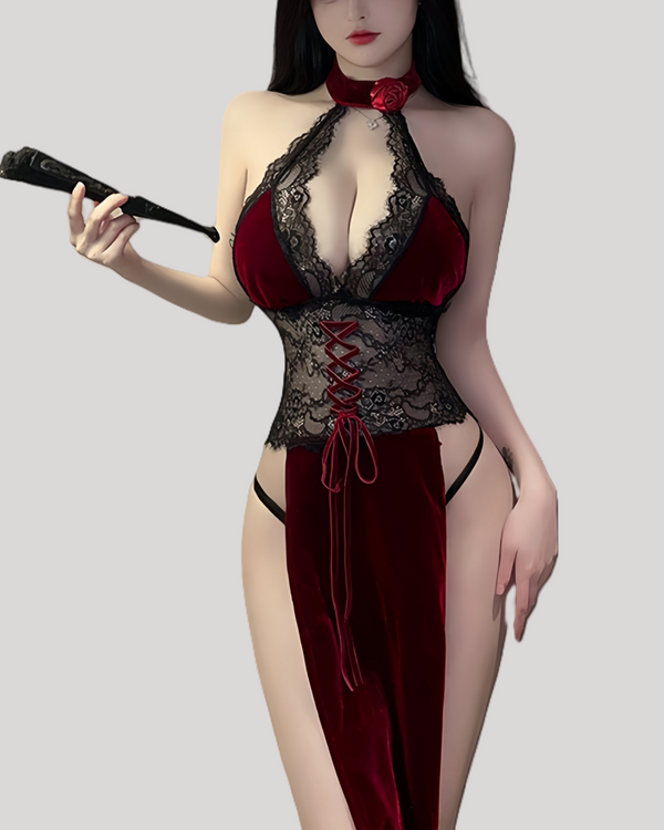 Model wearing burgundy velvet and black lace cut-out qipao lingerie