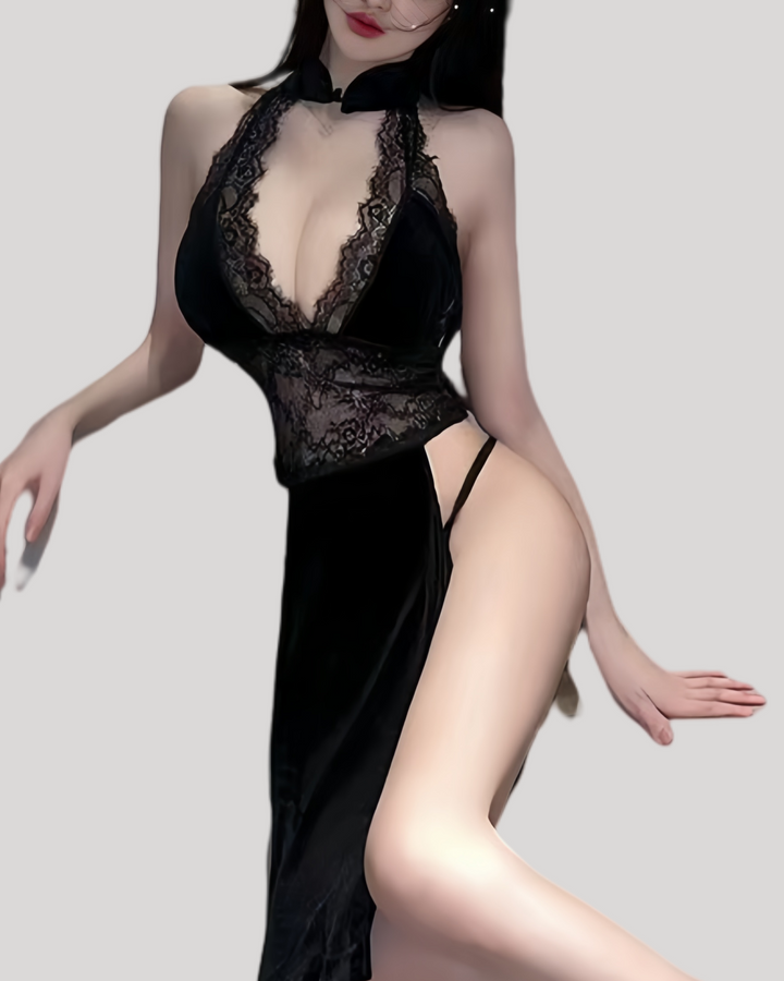 Model wearing black lace cut-out qipao lingerie