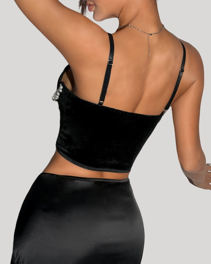 Back view of the velvet bustier showing adjustable straps