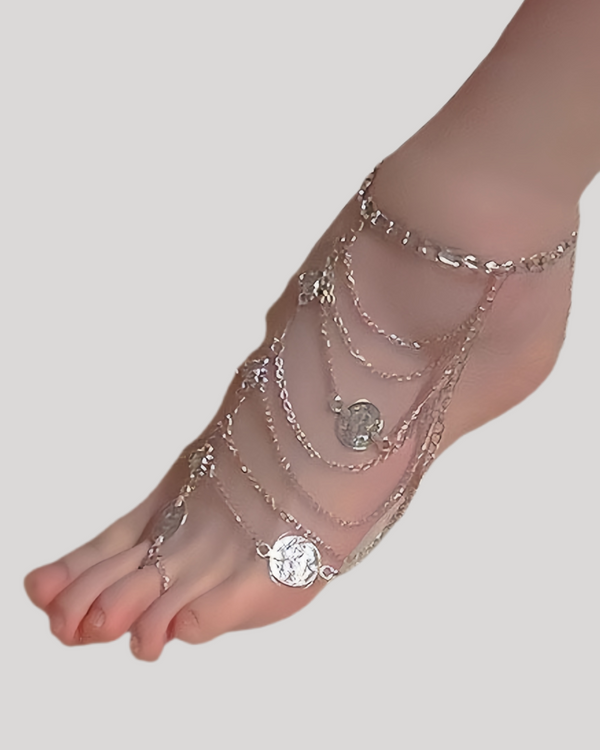Silver vintage-inspired foot chain with coin charms