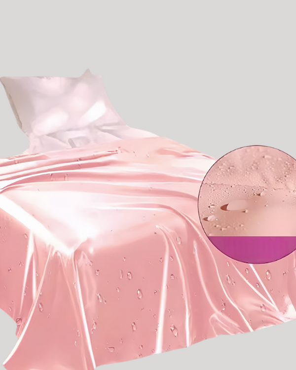 Waterproof and oil-resistant pink sensual bed sheet draped over a bed, showing water droplets on surface