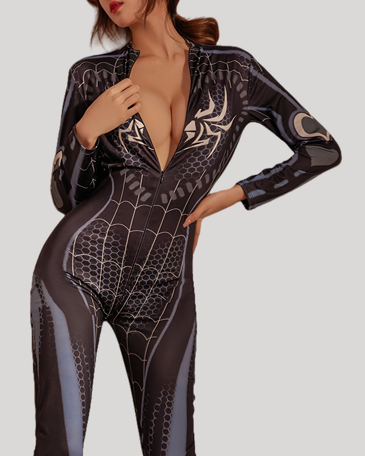 Woman wearing Midnight Web Heroine Catsuit in a seductive pose, unzipped to show cleavage