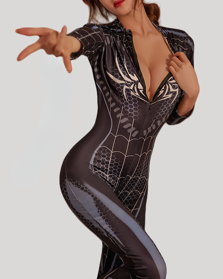 Woman mimicking web-slinging pose in Midnight Web Heroine Catsuit cosplay outfit