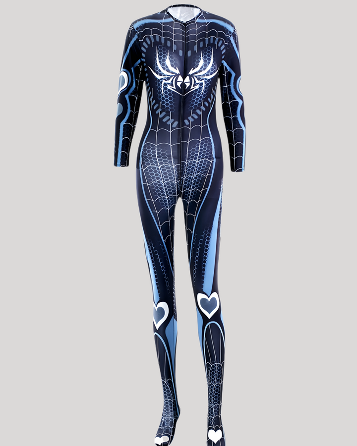 Front view of the Midnight Web Heroine Catsuit showing full printed pattern on mannequin