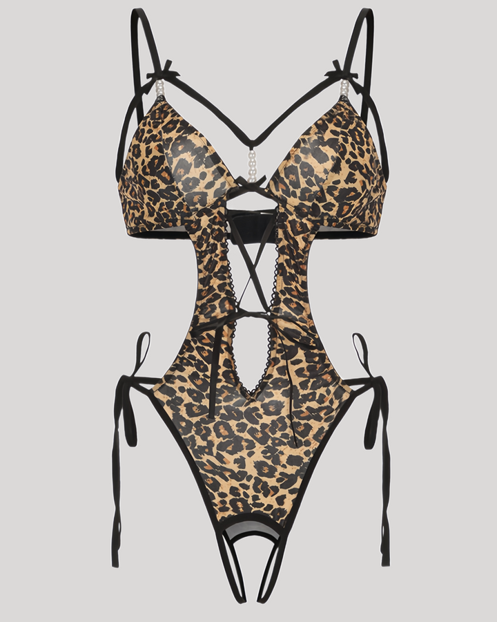 Flat lay of leopard lace-up open-crotch teddy