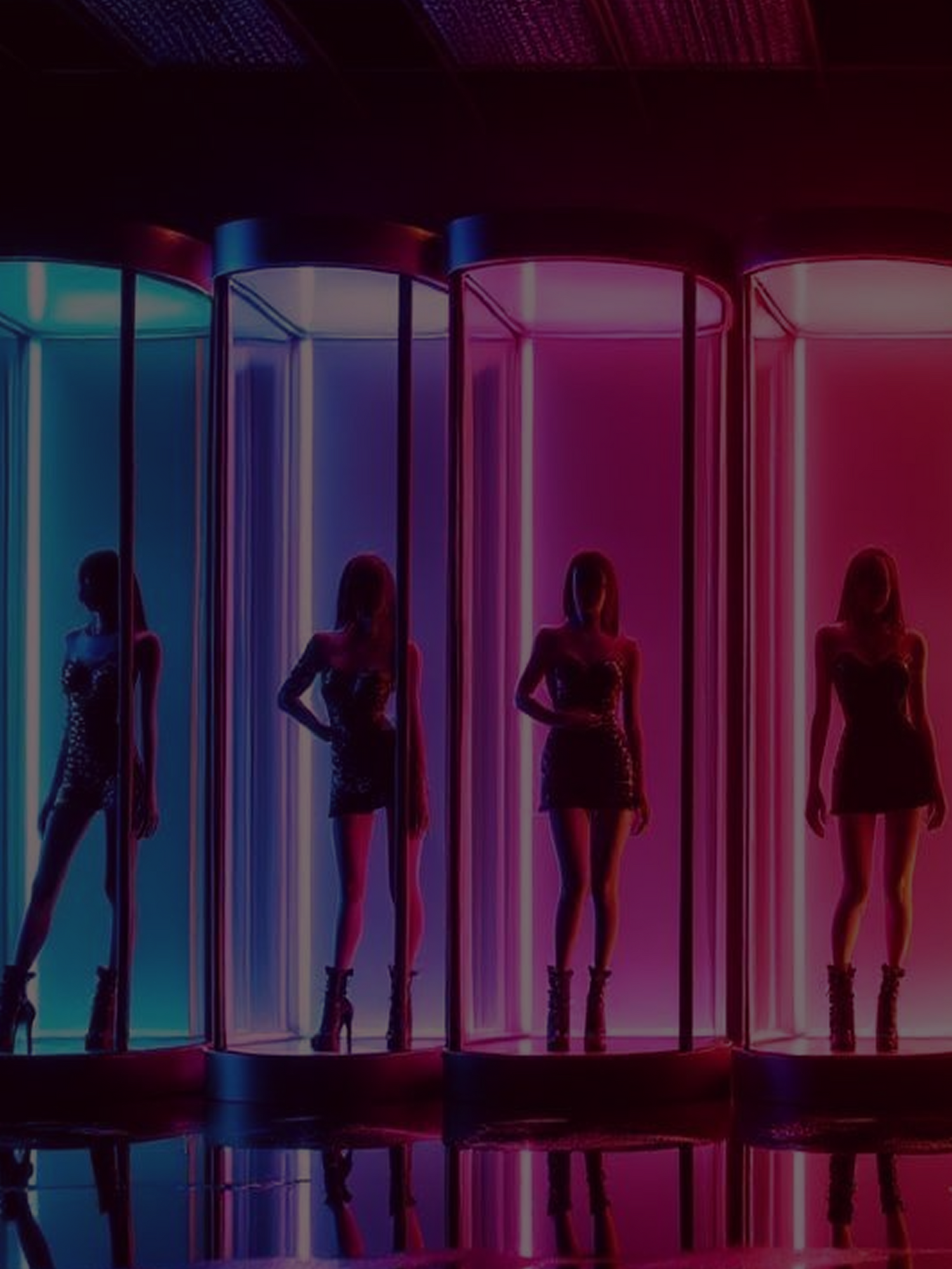 Row of women in sparkly black outfits standing in colorful light chambers