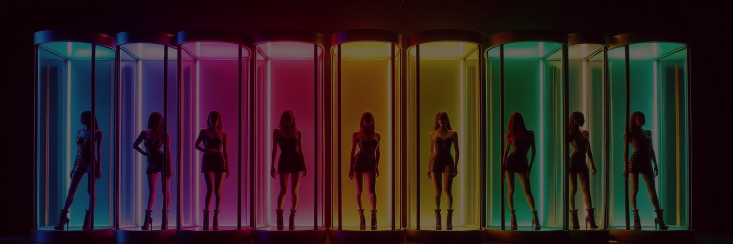 Row of women in sparkly black outfits standing in colorful light chambers